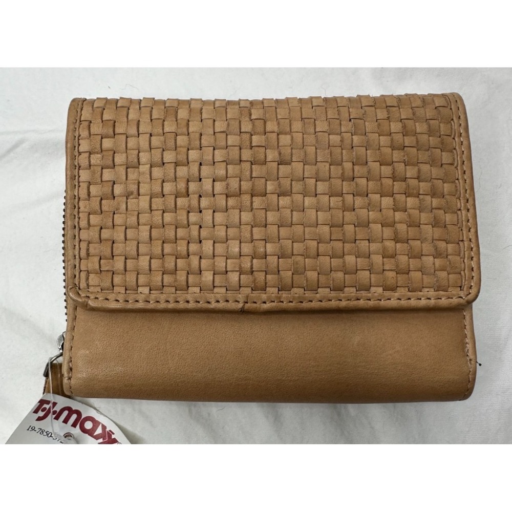 New Harbour 2nd Tan Leather Wallet Zip Around Weave Tri Fold‎ Multi Pocket